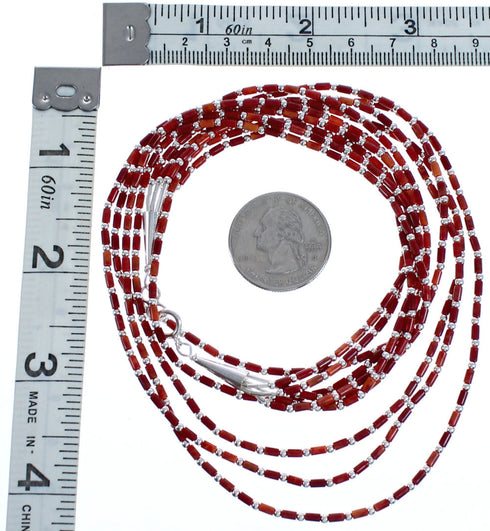 5-Strand Hand Strung Sterling Liquid Silver 16" Red Oyster Shell Necklace RX119140
